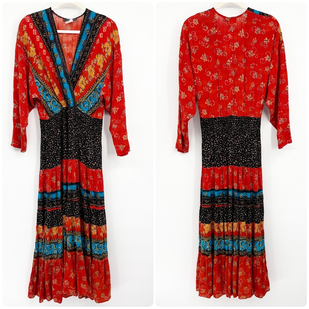 Carole Little Womens Vintage 90s Boho Mixed Print Smocked Tiered Maxi Dress 4